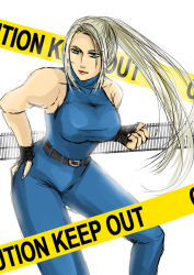 Rule 34 | 1girl, bare shoulders, blonde hair, bodysuit, breasts, caution tape, female focus, fingerless gloves, gloves, green eyes, halterneck, hand on own hip, hayame (m ayame), highres, keep out, large breasts, lips, long hair, ponytail, sarah bryant, solo, virtua fighter