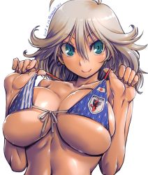 Rule 34 | 10s, 1girl, 2018 fifa world cup, ahoge, alisa ilinichina amiella, amania orz, aqua eyes, bikini, bikini pull, blue bikini, blush, breasts, cleavage, clothes pull, dated, female focus, front-tie bikini top, front-tie top, god eater, hair between eyes, hands up, japanese flag, large breasts, long hair, looking at viewer, navel, shiny skin, short hair, silver hair, simple background, smile, soccer, solo, swimsuit, upper body, white background, world cup