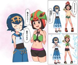 Rule 34 | 2girls, arms behind back, beanie, bike shorts, black hair, blue eyes, blue hair, blue pants, blue sailor collar, closed eyes, creatures (company), game freak, green shorts, grin, hairband, hat, helmet, highres, lana (pokemon), life vest, midriff, multiple girls, navel, nintendo, nyonn24, open mouth, pants, pokemon, pokemon sm, red hat, sailor collar, sandals, selene (pokemon), shirt, short hair, short sleeves, shorts, sleeveless, sleeveless shirt, smile, swimsuit, swimsuit under clothes, tied shirt, translation request, trial captain, white shirt, yellow hairband, z-ring