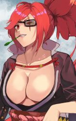 Rule 34 | 1girl, arc system works, baiken, breasts, cleavage, eyepatch, grin, guilty gear, japanese clothes, large breasts, long hair, looking at viewer, mouth hold, parted lips, pink lips, ponytail, red eyes, red hair, scar, smile, solo, weapon