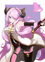 Rule 34 | 10s, 1girl, armpits, bare shoulders, belt, black gloves, black thighhighs, blue eyes, braid, breasts, cow girl, cow horns, elbow gloves, female focus, fingerless gloves, gloves, granblue fantasy, hair ornament, hair over one eye, hairclip, heart, heka=ton, horns, large breasts, long hair, long skirt, looking at viewer, miniskirt, narmaya (granblue fantasy), open clothes, open skirt, pointy ears, purple hair, side slit, simple background, skirt, solo, sword, thighhighs, very long hair, weapon