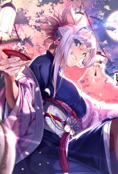 Rule 34 | 1girl, akamiso (k074510), alcohol, alternate costume, blue eyes, blue kimono, blurry, blurry foreground, breasts, cherry blossoms, cup, eyelashes, fate/grand order, fate (series), feet out of frame, floral print, from side, hair ornament, hair scrunchie, hair up, holding, japanese clothes, kimono, knee up, lantern, large breasts, lens flare, looking at viewer, miyamoto musashi (fate), moon, obi, outdoors, pink hair, sakazuki, sake, sash, scrunchie, shadow, shawl, sidelocks, sitting, smirk, solo, teeth, wide sleeves