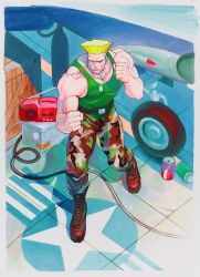 Rule 34 | 1990s (style), 1girl, absurdres, aircraft, airplane, american flag, blonde hair, boombox, boots, camouflage, capcom, dog tags, fighter jet, fighting stance, flattop, guile, highres, jet, male focus, military, military uniform, military vehicle, muscular, official art, retro artstyle, solo, street fighter, street fighter ii (series), tank top, tattoo, uniform, yasuda akira