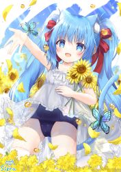Rule 34 | 1girl, :d, animal, animal ear fluff, animal ears, bare arms, bare shoulders, blue eyes, blue hair, blue one-piece swimsuit, blush, bow, bug, butterfly, cat ears, cat girl, cat tail, collarbone, commentary request, dress, flower, frilled dress, frills, hair between eyes, hair bow, highres, insect, long hair, name tag, hugging object, old school swimsuit, one-piece swimsuit, open mouth, original, petals, red bow, school swimsuit, see-through, siera (sieracitrus), sleeveless, sleeveless dress, smile, solo, sunflower, swimsuit, swimsuit under clothes, tail, twintails, very long hair, white dress, yellow flower