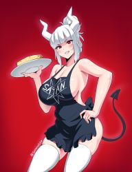 Rule 34 | 1girl, absurdres, apron, black apron, black tail, demon horns, demon tail, english text, food, hand on own hip, helltaker, highres, horns, lucifer (helltaker), naked apron, pancake, plate, red background, red eyes, skindentation, smile, sole gem, tail, thighhighs, thighs, twitter username, white horns, white thighhighs
