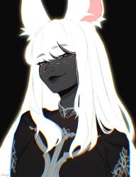 Rule 34 | 1girl, animal ears, warrior of light (ff14), black background, black skin, chromatic aberration, colored skin, commission, final fantasy, final fantasy xiv, freckles, lips, long hair, looking at viewer, noroiju, rabbit ears, smile, solo, upper body, viera, white hair, yellow eyes