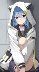 Rule 34 | 1girl, animal ears, black choker, black sailor collar, blue eyes, blue hair, blush, choker, closed mouth, collarbone, commentary request, fake animal ears, feet out of frame, grey skirt, hair between eyes, highres, hololive, hood, hood up, hooded jacket, hoshimachi suisei, hoshimachi suisei (school uniform), hugging own legs, jacket, knee up, long hair, long sleeves, looking at viewer, open clothes, open jacket, pleated skirt, puffy long sleeves, puffy sleeves, sailor collar, sitting, skirt, smile, solo, tile wall, tiles, virtual youtuber, white jacket, yuzu-aki