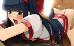 Rule 34 | 1girl, ass, bent over, black eyes, black hair, blush, bottomless, breasts, butt crack, clothed female nude male, crying, hair ornament, highres, japanese clothes, legs, long hair, looking away, nakoruru, nipples, nude, open clothes, open mouth, samurai spirits, sex, small breasts, snk, solo focus, sweat, table, tears, teitetsu kishidan, thighs, vaginal