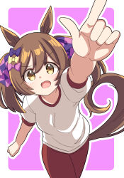 Rule 34 | 1girl, :d, animal ears, border, bow, brown hair, gym shirt, hair between eyes, hair bow, hair ribbon, highres, horse ears, horse girl, horse tail, moja (moja4192), open mouth, pants, pink background, pink bow, pink ribbon, pointing, pointing at viewer, purple bow, red pants, ribbon, shirt, simple background, smart falcon (umamusume), smile, solo, t-shirt, tail, twintails, umamusume, white border, white shirt, yellow bow, yellow eyes