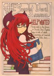 Rule 34 | 1girl, ad, art nouveau, bat wings, bespectacled, book, book stack, english text, frown, glasses, head wings, highres, holding, holding book, koakuma, long hair, looking at viewer, looking back, parody, red eyes, red hair, semi-rimless eyewear, shirt, style parody, tan shio tan, touhou, wings