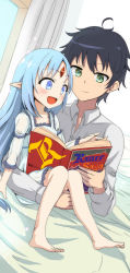 Rule 34 | 1boy, 1girl, :d, ahoge, bad id, bad pixiv id, barefoot, bed, black hair, blue eyes, blue hair, blush, book, brother and sister, carrying, character request, child, closed mouth, collared shirt, commentary request, dress, dress shirt, dutch angle, el mofus (black hair male), forehead jewel, green eyes, highres, holding, holding book, kokoa ninniku, long hair, long sleeves, open book, open mouth, parted bangs, pointy ears, rance (series), rance 10, rance quest, reset kalar, see-through, see-through sleeves, shirt, siblings, sitting, smile, under covers, very long hair, white dress, white shirt