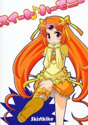 Rule 34 | 10s, 1girl, boots, bow, bubble skirt, cure muse, cure muse (yellow), knee boots, long hair, orange hair, precure, shirabe ako, skirt, solo, suite precure, tongue, yellow bow, yuuma (artist), yuuma (skirthike)