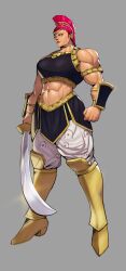 Rule 34 | 1girl, abs, absurdres, armor, armored skirt, baggy pants, commentary, cosplay, english commentary, gerudo, greaves, highres, holding, holding sword, holding weapon, marisa (street fighter), muscular, muscular female, nintendo, pants, red hair, revision, scimitar, sheep shin, skirt, solo, street fighter, street fighter 6, sword, tall female, tank top, the legend of zelda, the legend of zelda: breath of the wild, tiara, weapon