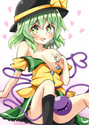 Rule 34 | 1girl, bare shoulders, black hat, blush, bow, breasts, collarbone, convenient leg, frilled skirt, frills, green eyes, green hair, green skirt, hair between eyes, hat, hat bow, heart, heart-shaped pupils, keyaki chimaki, komeiji koishi, looking at viewer, off shoulder, open mouth, short hair, short sleeves, sitting, skirt, small breasts, smile, solo, sweat, symbol-shaped pupils, third eye, touhou, white background, yellow bow