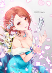 Rule 34 | 1girl, alternate hairstyle, blue dress, bracelet, breasts, brown hair, character name, cleavage, collarbone, dress, earrings, floral print, flower, glass slipper, grey background, hair flower, hair ornament, highres, hojo karen, idolmaster, idolmaster cinderella girls, jewelry, looking at viewer, maou (demonlord), medium breasts, necklace, off-shoulder dress, off shoulder, open mouth, petals, ring, signature, simple background, smile, solo, triangle, upper body, yellow eyes