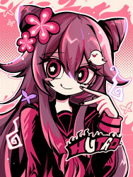 Rule 34 | 1girl, :p, alternate costume, alternate hairstyle, black nails, black sailor collar, bug, butterfly, character name, commentary request, cone hair bun, double bun, flower, flower-shaped pupils, genshin impact, ghost hair ornament, hair bun, hair flower, hair ornament, hatosabure, highres, hu tao (genshin impact), insect, long hair, long sleeves, looking at viewer, nail polish, neckerchief, pink background, purple butterfly, red eyes, red flower, red neckerchief, red shirt, sailor collar, shirt, smile, solo, symbol-shaped pupils, tongue, tongue out, two-tone background, yellow background