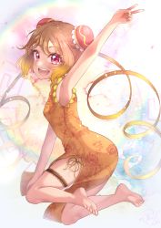 Rule 34 | 1girl, absurdres, barefoot, brown hair, bun cover, china dress, chinese clothes, delicious party precure, dress, feet, hanamichi ran, highres, looking at viewer, medium hair, open mouth, precure, red eyes, soles, toes, v