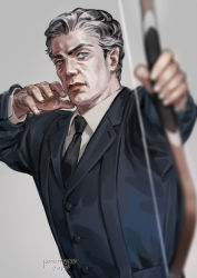 Rule 34 | 1boy, arms up, artist name, black jacket, black neckwear, blue eyes, blurry, bow (weapon), closed mouth, depth of field, forehead, formal, grey background, grey hair, holding, holding bow (weapon), holding weapon, jacket, jane mere, lips, long sleeves, looking at viewer, male focus, manly, necktie, original, outstretched arm, simple background, suit, upper body, weapon