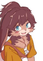 Rule 34 | 1girl, absurdres, alien, animal ears, blue eyes, blush, body fur, brown hair, furry, furry female, highres, kagarimachi konatsu, leaning forward, looking to the side, lop (star wars), open mouth, ponytail, rabbit ears, rabbit girl, smile, solo, star wars, star wars: visions, thick eyebrows, white background