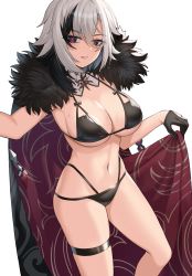 1girl absurdres arlecchino_(genshin_impact) bikini black_bikini black_eyes black_gloves black_hair breasts coat detached_collar fur-trimmed_coat fur_trim genshin_impact gloves highres large_breasts looking_at_viewer nanni_jjang navel parted_lips red_eyes short_hair solo swimsuit symbol-shaped_pupils thigh_strap thighs white_hair x-shaped_pupils