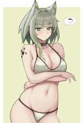 Rule 34 | 1girl, animal ears, arknights, bare arms, bare shoulders, bikini, black choker, blunt bangs, breasts, cat ears, choker, cleavage, commentary, cowboy shot, fangs (fangs art), green eyes, green hair, grey bikini, highres, kal&#039;tsit (arknights), large breasts, looking at viewer, material growth, navel, oripathy lesion (arknights), short hair, solo, standing, stomach, swimsuit