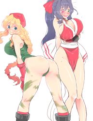 Rule 34 | 2girls, asama tomo, ass, bad id, bad pixiv id, bent over, beret, black hair, blonde hair, blue eyes, blush, bouncing breasts, braid, breast hold, breasts, cammy white, cammy white (cosplay), cleavage, cosplay, cowboy shot, elbow gloves, embarrassed, female focus, fingerless gloves, full-face blush, gloves, green eyes, groin, hair ribbon, hat, heterochromia, highleg, highleg leotard, hjm, huge ass, huge breasts, kyoukaisenjou no horizon, large breasts, legs, leotard, long hair, looking at viewer, looking back, mary stuart, multiple girls, open mouth, pelvic curtain, ponytail, red eyes, revealing clothes, ribbon, sash, shiranui mai, shiranui mai (cosplay), sidelocks, single braid, smile, standing, street fighter, the king of fighters, thighs, thong leotard, unaligned breasts, white background