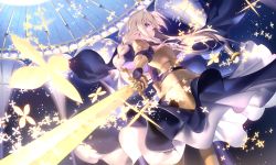 Rule 34 | 1girl, alice zuberg, armor, armored dress, blonde hair, blue eyes, braid, commentary request, dress, glowing, gold armor, hairband, highres, holding, holding sword, holding weapon, indoors, long hair, looking at viewer, mashima saki (mashimasa), solo, standing, sword, sword art online, very long hair, weapon, white hairband
