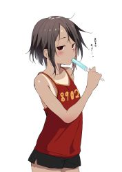 Rule 34 | 1girl, alternate costume, bare shoulders, basketball uniform, black shorts, brown hair, collarbone, commentary request, cowboy shot, food, food in mouth, grey background, hand up, highres, holding, holding food, izawa (bhive003), kono subarashii sekai ni shukufuku wo!, looking at viewer, megumin, popsicle, red eyes, short hair, shorts, simple background, solo, sportswear, tan, translation request