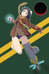 Rule 34 | 10s, 1girl, 4wiw, animal ears, bandages, black hair, blue eyes, brave witches, gloves, glowing, highres, jacket, kanno naoe, leather, leather jacket, punching, scarf, short hair, solo, strike witches, striker unit, teeth, world witches series