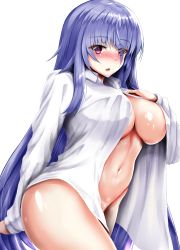 Rule 34 | 1girl, absurdres, binkan argento, blue hair, blush, bottomless, breasts, collarbone, dress shirt, highres, large breasts, long hair, looking at viewer, naked shirt, navel, no bra, no panties, off shoulder, open clothes, open mouth, open shirt, original, purple eyes, shirt, simple background, solo, t-shirt, white background, white shirt