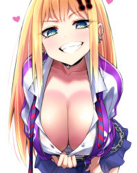 Rule 34 | 1girl, blonde hair, blue eyes, breasts, cleavage, cleavage reach, clothes pull, grin, hanging breasts, huge breasts, leaning forward, long hair, looking at viewer, naughty face, original, smile, solo, teasing, watarui