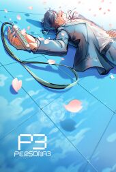 Rule 34 | 1boy, artist name, belt, black belt, black ribbon, blue hair, cherry blossoms, closed eyes, commentary, copyright name, dated, digital media player, english commentary, falling petals, gekkoukan high school uniform, glint, grin, hand on own stomach, headphones, highres, holding digital media player, jacket, jinceix, logo, long sleeves, lying, male focus, neck ribbon, on back, open clothes, open jacket, persona, persona 3, petals, ribbon, school uniform, shirt, short hair, smile, solo, tile floor, tiles, white shirt, yuuki makoto (persona 3)