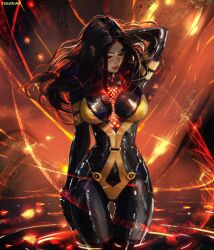 Rule 34 | 1girl, arm behind head, artist name, black bodysuit, black hair, bodysuit, breasts, brown bodysuit, closed eyes, commentary, covered navel, english commentary, facing down, highres, impossible bodysuit, impossible clothes, large breasts, long hair, partially submerged, solo, stellar blade, tachy (stellar blade), tatti art, thigh gap, two-tone bodysuit