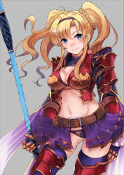 Rule 34 | 1girl, belt, black hairband, blonde hair, blue eyes, blush, braid, breasts, brown belt, cleavage, commentary request, gauntlets, granblue fantasy, grey background, hair ornament, hairband, holding, large breasts, long hair, looking at viewer, navel, shiroyukimajima, simple background, smile, solo, thighhighs, twintails, zeta (granblue fantasy)