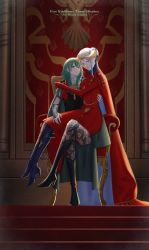 Rule 34 | 2girls, arm around waist, arm guards, boots, byleth (female) (fire emblem), byleth (fire emblem), cape, copyright name, crossed legs, edelgard von hresvelg, fire emblem, fire emblem: three houses, green hair, high heels, highres, jedehaun2i5b8sb, looking at viewer, multiple girls, nintendo, pantyhose, red cape, silver hair, sitting, sitting on lap, sitting on person, throne, tiara, yuri
