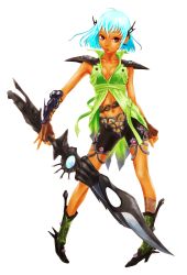 Rule 34 | 1girl, aqua hair, blue hair, boots, breasts, breasts apart, cleavage, collarbone, dark-skinned female, dark skin, female focus, flat chest, full body, green shirt, highres, holding, holding weapon, looking at viewer, navel, pigeon-toed, revealing clothes, shirt, short hair, shorts, shoulder pads, simple background, sleeveless, sleeveless shirt, solo, standing, sword, terumin, weapon, white background