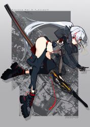 Rule 34 | 1girl, 310o sugar, absurdres, ass, asymmetrical arms, boots, dated, elbow gloves, english text, finger on trigger, gloves, grey hair, high heel boots, high heels, highres, holding, holding sword, holding weapon, katana, ootachi, original, red eyes, science fiction, see-through silhouette, sheath, single glove, solo, sword, weapon
