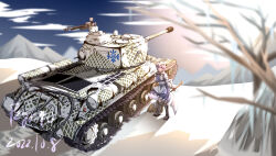 Rule 34 | 1girl, absurdres, artist name, blue dress, boots, broom, dated, dress, dshk, gun, heavy machine gun, highres, holding, holding broom, is-2, landscape, letty whiterock, machine gun, military, military vehicle, motor vehicle, mountain, pink hair, pzgr.40, scarf, snow, snowflakes, solo, tank, touhou, tree, vehicle focus, weapon, white headwear, white scarf