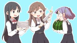 Rule 34 | &gt;:d, 10s, 3girls, :d, arashio (kancolle), asashio (kancolle), belt, black hair, blue background, brown hair, commentary, dokan (dkn), dress, food, fruit, holding, holding food, holding fruit, kantai collection, knife, long hair, looking at another, multiple girls, neck ribbon, ooshio (kancolle), open mouth, pinafore dress, plate, red ribbon, ribbon, school uniform, shirt, sleeveless, sleeveless dress, smile, twintails, v-shaped eyebrows, watermelon, white shirt