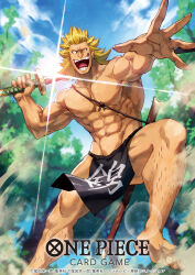 Rule 34 | 1boy, abs, biceps, blonde hair, cloud, cloudy sky, dai-xt, english text, forest, fundoshi, holding, holding sword, holding weapon, japanese clothes, katana, kinemon, long hair, looking at viewer, male focus, manly, mature male, muscular, muscular male, nature, no pants, no shirt, one piece, open mouth, outdoors, pectorals, scabbard, sheath, sky, smile, solo, sparkle, spiked hair, sword, teeth, tongue, tree, weapon