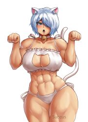 Rule 34 | 1girl, abs, angel (kof), animal ear fluff, animal ears, bell, blue eyes, bra, breasts, cat bell, cat ears, cat girl, cat lingerie, cat tail, cleavage, cleavage cutout, clothing cutout, collar bell, collarbone, covered erect nipples, cowboy shot, curvy, female focus, grey hair, hair over one eye, highres, large areolae, large breasts, looking at viewer, meme attire, muscular, muscular female, navel, open mouth, panties, paw pose, short hair, solo, standing, suxka12, tail, the king of fighters, thick thighs, thighs, underwear, w arms, white bra, white hair, white panties, wide hips