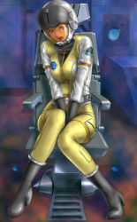 Rule 34 | 10s, 1970s (style), 1girl, between legs, blonde hair, boots, chair, gloves, hand between legs, helmet, high heel boots, high heels, knees together feet apart, military, military uniform, mori yuki, oldschool, open mouth, realistic, retro artstyle, science fiction, sitting, solo, spacecraft, spacesuit, toten (der fuhrer), uchuu senkan yamato, uchuu senkan yamato 2199, uniform, yamato (uchuu senkan yamato)