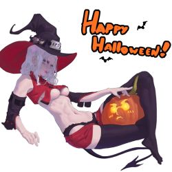 Rule 34 | 1girl, arm support, bat (animal), between thighs, black panties, black tail, breasts, carving, demon girl, demon tail, detached sleeves, grey eyes, hair down, halloween, happy halloween, hat, helltaker, helltaker (character), jack-o&#039;-lantern, justice (helltaker), medium breasts, octorypo, open fly, panties, pumpkin, red shorts, revealing clothes, shorts, sitting, tail, thighs, unbuttoned, underboob, underwear, white background, witch, witch hat
