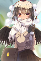 1girl :o black_hair blush cup hat highres holding holding_cup looking_at_viewer plaid_clothes plaid_skirt pom_pom_(clothes) red_eyes scarf shameimaru_aya short_hair skirt solo tokin_hat touhou wings winter_clothes yuineko