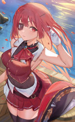 Rule 34 | 1girl, absurdres, armpits, black thighhighs, breasts, eyepatch, gloves, gurina, hat, highres, hololive, houshou marine, large breasts, long hair, looking at viewer, pirate hat, pleated skirt, red eyes, red hair, red skirt, skirt, solo, thighhighs, virtual youtuber, white gloves, zettai ryouiki
