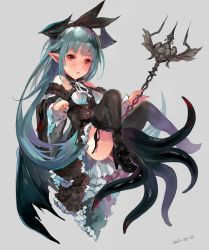Rule 34 | 1girl, aqua hair, ass, bad id, bad twitter id, bare shoulders, black thighhighs, blush, high heels, highres, horns, long hair, looking at viewer, original, pointy ears, red eyes, solo, tentacles, thighhighs, unkq, wings