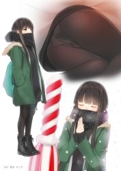 Rule 34 | 10s, 1girl, ama mitsuki, ass, black hair, black pantyhose, blunt bangs, blush, boots, brown eyes, closed eyes, coat, commentary, dated, dress, fur trim, gusset, hands in pockets, hatsuyuki (kancolle), kantai collection, long hair, lying, multiple views, on side, own hands clasped, own hands together, panties, panties under pantyhose, pantyhose, polka dot, praying, scarf, simple background, snowing, standing, sweater, sweater dress, underwear, white background, white panties