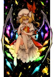 Rule 34 | &gt;:), 1girl, ascot, bad id, bad pixiv id, blonde hair, bloomers, bobby socks, chalice, closed mouth, crystal, cup, flandre scarlet, frilled shirt collar, frills, full body, glitter, gold, hair between eyes, hat, hat ribbon, highres, jewelry, kankan33333, knees up, looking at viewer, mob cap, nail polish, petticoat, puffy short sleeves, puffy sleeves, red eyes, red nails, red ribbon, red skirt, red vest, ribbon, ring, shaded face, short sleeves, side ponytail, skirt, socks, solo, sparkle, touhou, underwear, v-shaped eyebrows, vest, white socks, wings