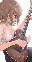 Rule 34 | 1girl, bare arms, bare shoulders, black pantyhose, bra, breasts, brown eyes, brown hair, cleavage, collarbone, electric guitar, guitar, hair ornament, hairclip, highres, hirasawa yui, hiroki (yyqw7151), holding, holding plectrum, instrument, k-on!, leggings, looking at object, medium hair, pants, pantyhose, plectrum, simple background, small breasts, solo, strap slip, underwear, white background, white bra