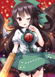 Rule 34 | 1girl, arm cannon, bird wings, black hair, black wings, blouse, blurry, blurry background, bow, breasts, cape, center frills, clenched hand, collared shirt, cowboy shot, frilled skirt, frills, green bow, green skirt, hair bow, highres, large breasts, light particles, long hair, looking at viewer, medium breasts, one eye closed, open mouth, red background, red eyes, reiuji utsuho, ruu (tksymkw), shirt, skirt, smile, solo, standing, third eye, touhou, triangle print, weapon, white cape, white shirt, wings